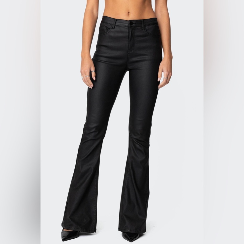 NWT Edikted Black Luna Faux Leather Flare Jeans, Sz L